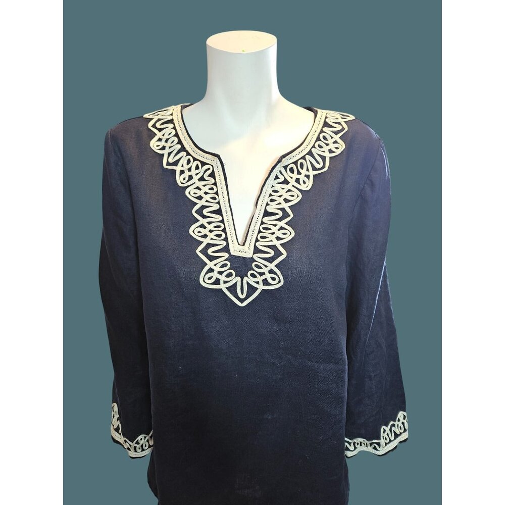 Talbots 100% Linen V Neck Embroidered Trim Navy Blue Tunic Women L Boho - Picture 4 of 8